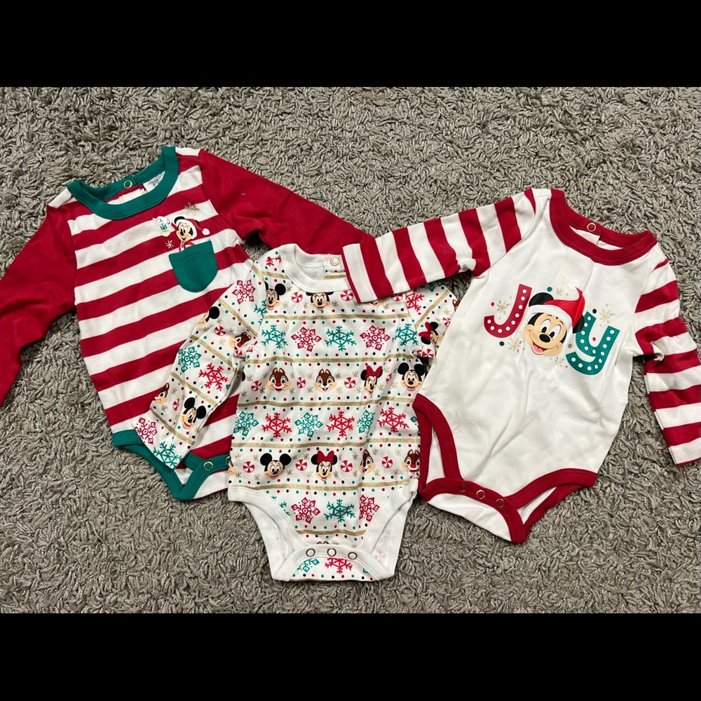 BUNDLE OF 3, Disney Baby, Christmas Long Sleeve One Piece, 3-6 Months